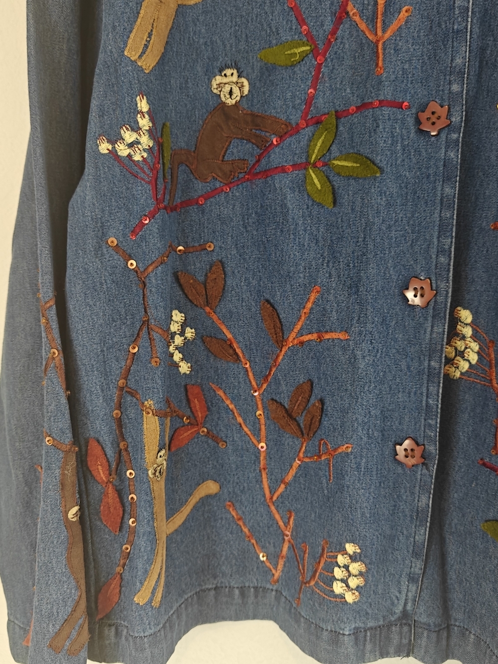 VTG 90s Tantrums Monkey Embroidered Denim Button Up Beaded Sequin Tree Cotton M - Picture 7 of 14